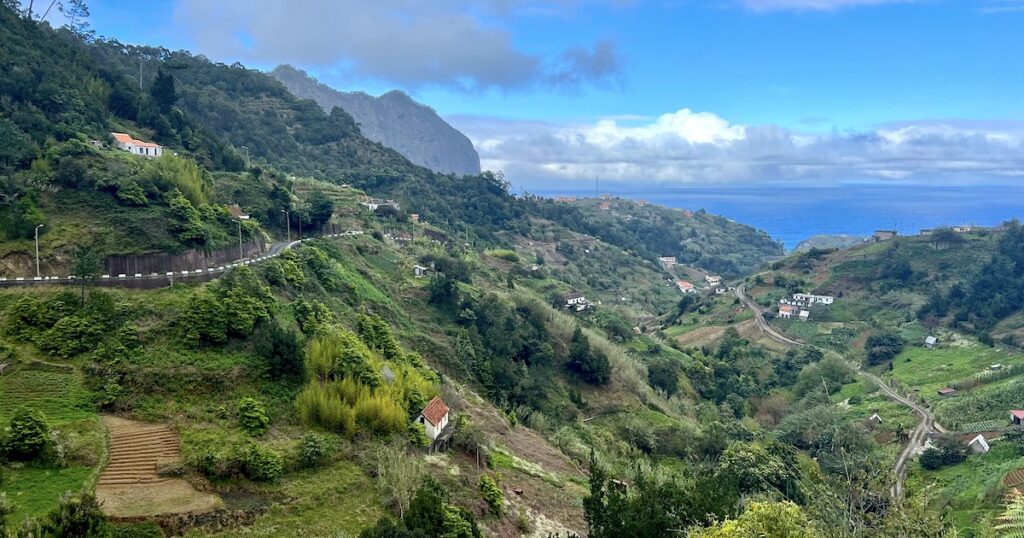 Views over sloping farmland from the levada in Porto da Cruz.