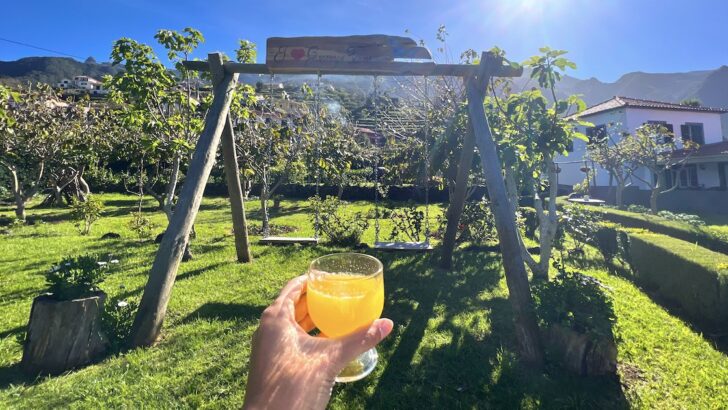 A hand holds a glass of orange poncha in front of a swing set at Granny's Farm in Madeira.