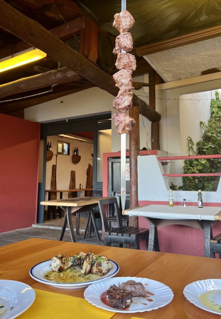 Beef chunks hang from a hook at Churrascaria Brasa Viva restaurant.