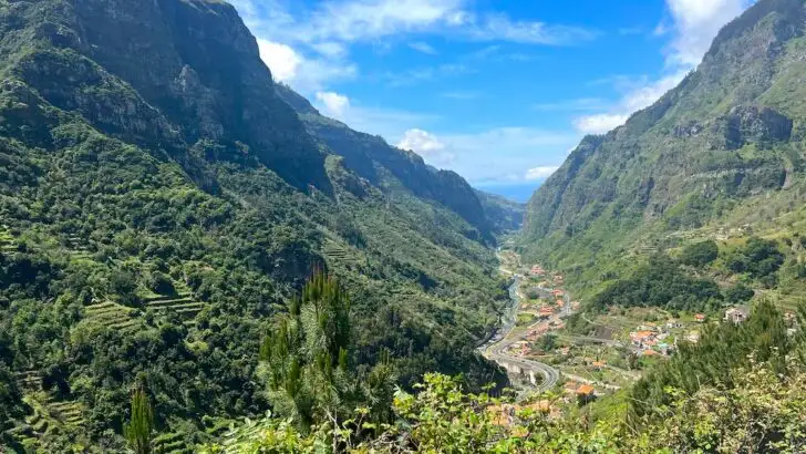 A winding road passes through a green valley with mountains in Madeira.