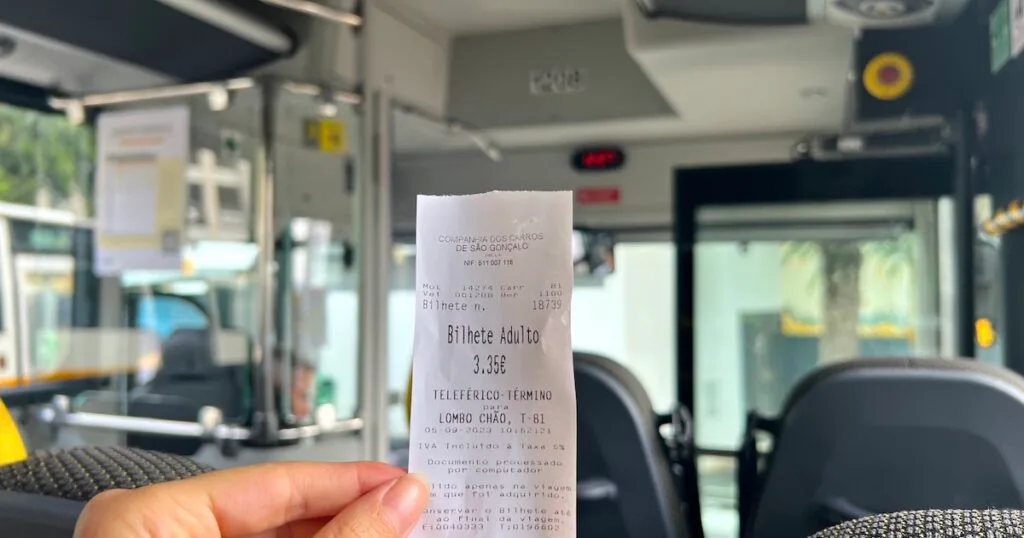 Person holds a paper bus ticket on the bus to Curral das Freiras in Madeira.