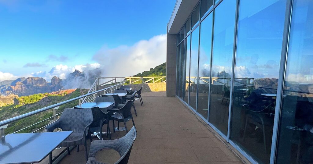 The terrace at the Pico do Areiro café, overlooking chiselled mountains.