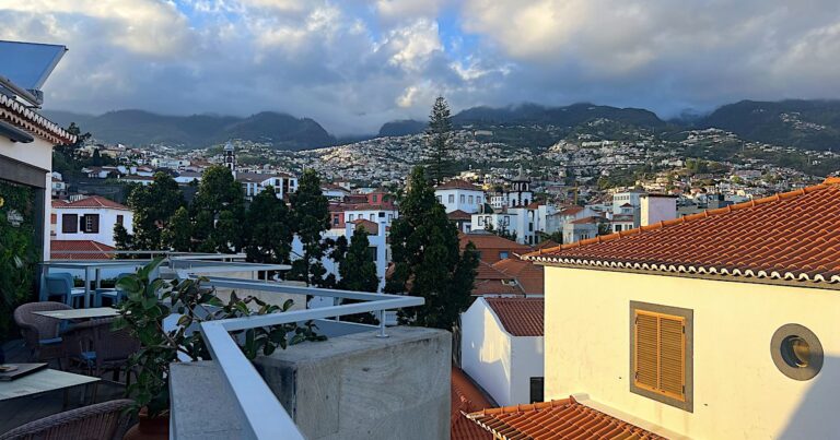 Views of the hills above Funchal from Panorama Terrace Bar in Funchal Old Town.