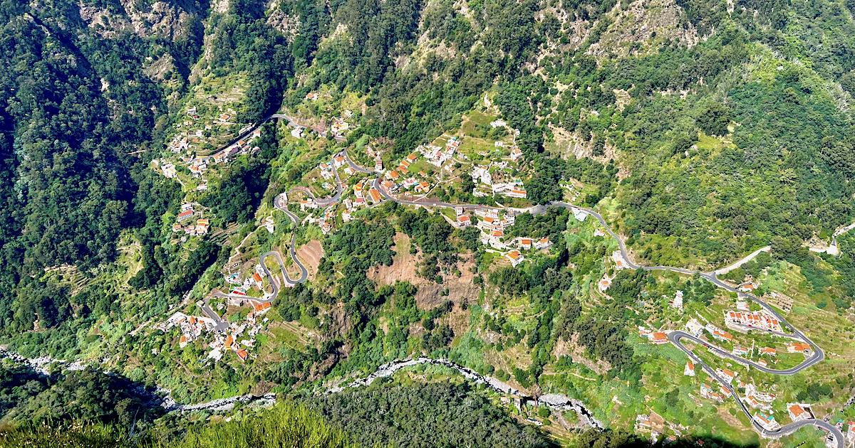 Narrow, winding roads seen from a birds-eye view at Eira Do Serrado above the Nun's Valley.
