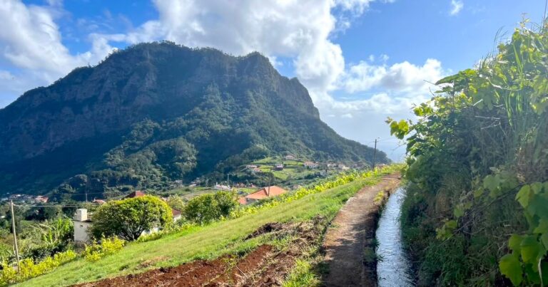 The mountain Penha D'águia (Eagle Rock) looms in the distance in front of Levada do Castelejo in Porto da Cruz.