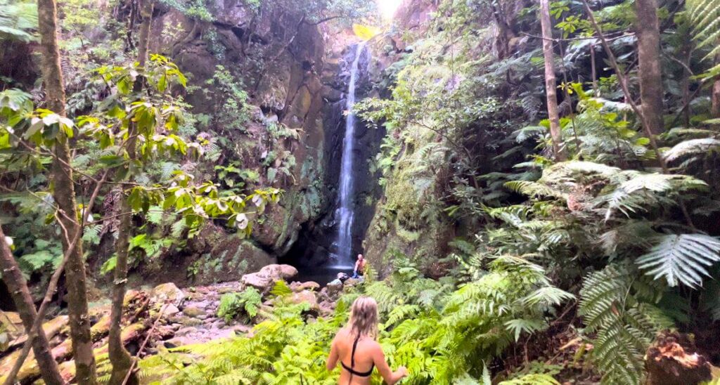 Two hikers in swimming gear walk towards a large, thin waterfall in the forest in Madeira.
